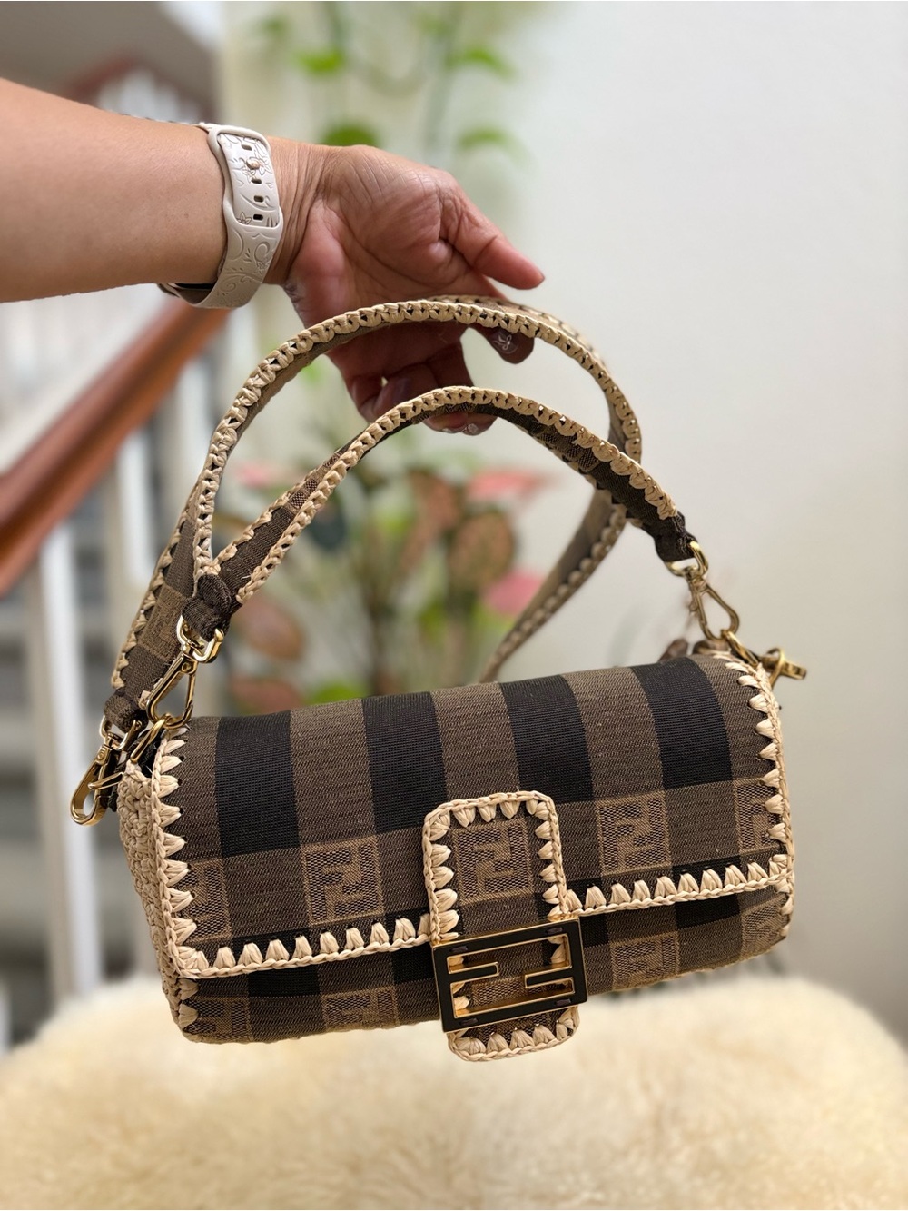 FENDI Fabric Jacquard Raffia Straw Pequin Gingham Woven Baguette Beige Black - Picture 13 of 16